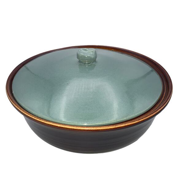 Vintage 1940s Red Wing Pottery OOMPH 10" Green/Brown Round Lidded Dish - Picture 1 of 10